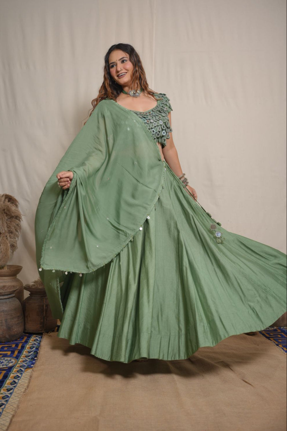 Sage Green Mirror Lehenga